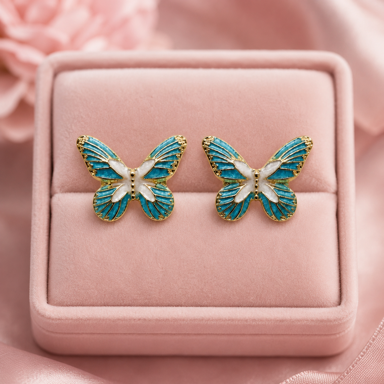 Turquoise Blue Butterfly Stud Earrings for Women – Gold-Tone Enamel Butterfly Earrings