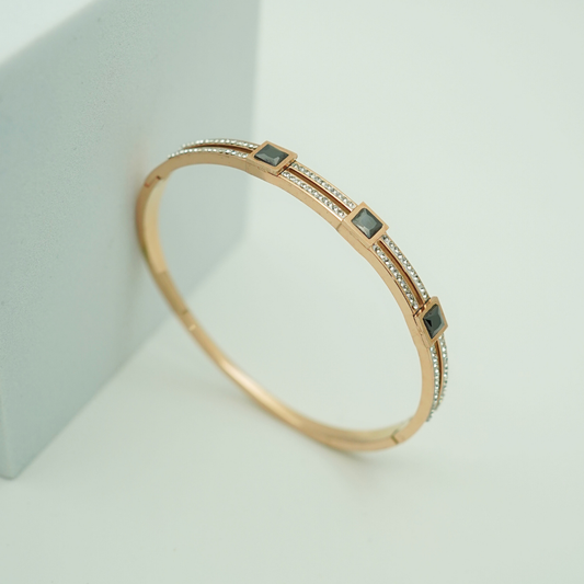 Rose Gold-Plated Geometric Crystal Bangle with Double Row Design RGB363