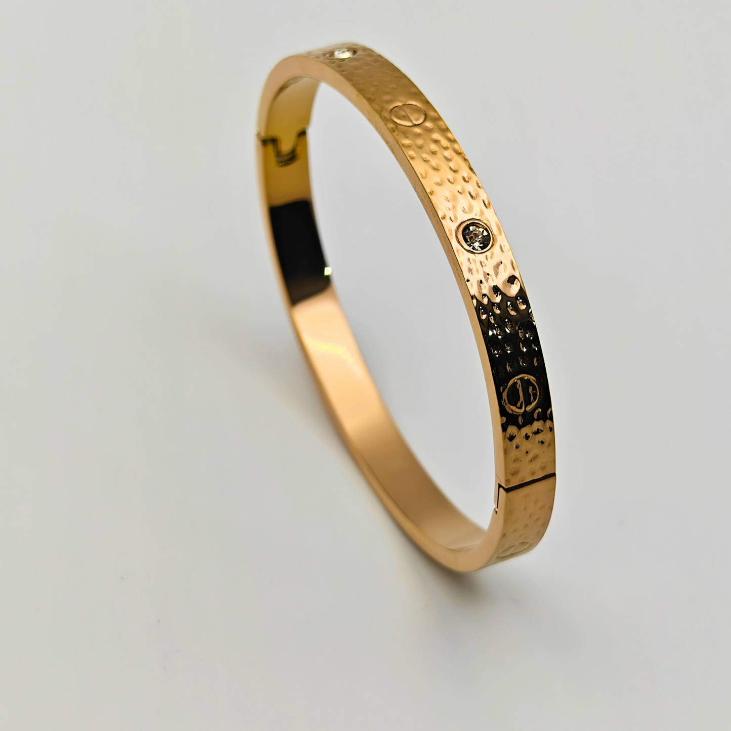 Golden Radiance: CZ Studded Textured 18K Rose Gold Plated Anti-Tarnish Bangle RGB202