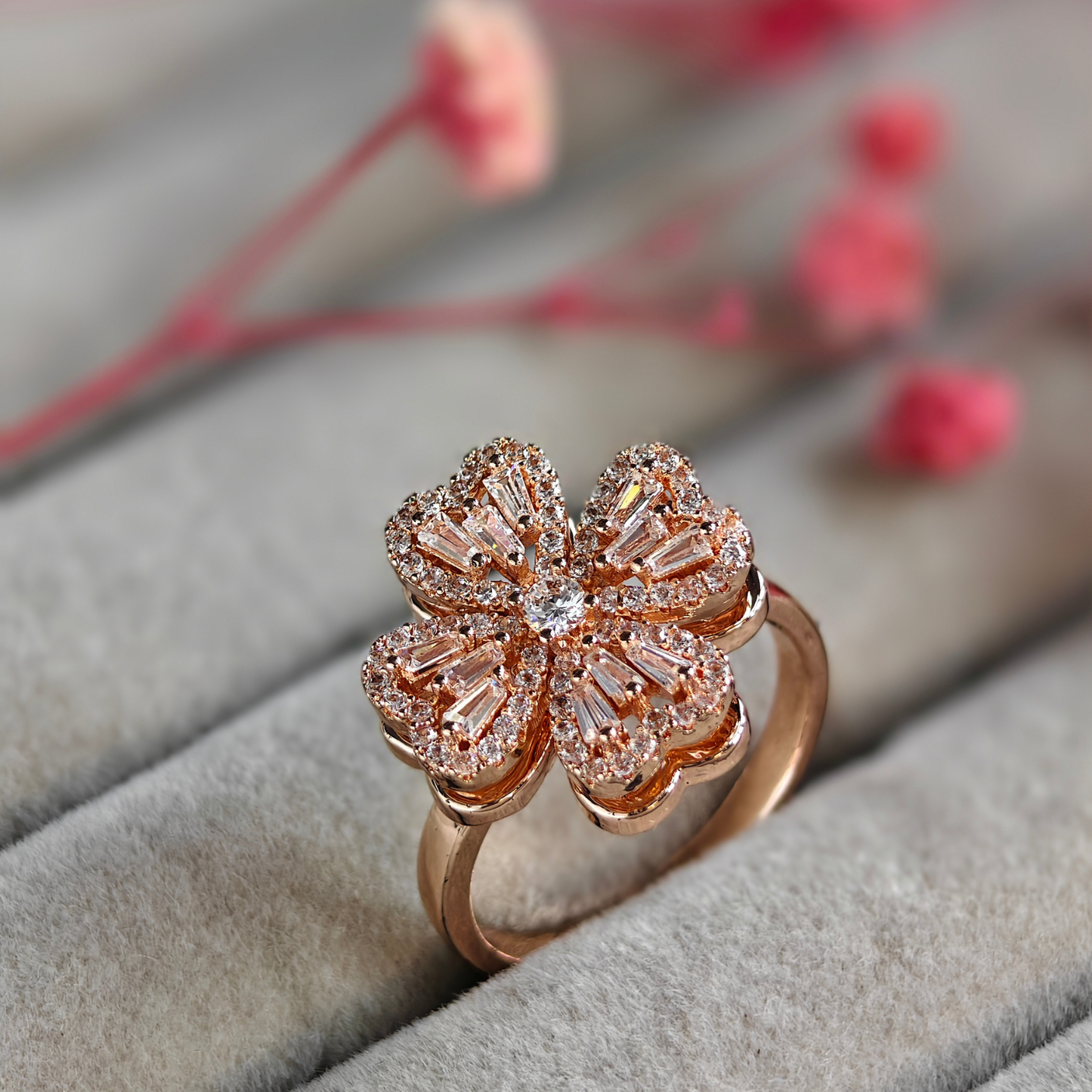 Blossom Cubic Zirconia Studded Adjustable 18K Rose Gold-Plated Anti tarnish Spinner Ring RGR102