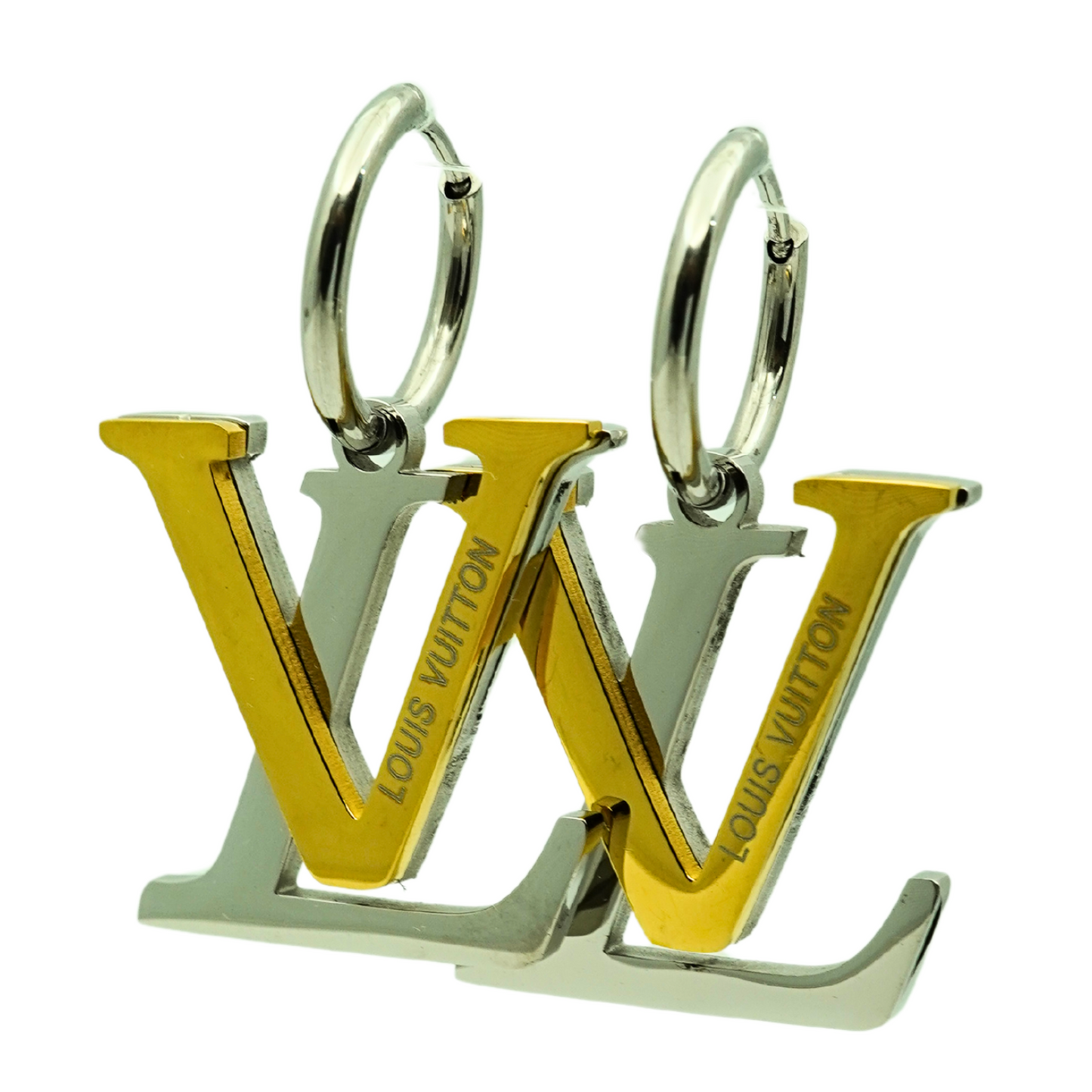 Dual-Tone LV-Inspired Initial Hoop Earrings – Stylish Gold and Silver Finish ATER201