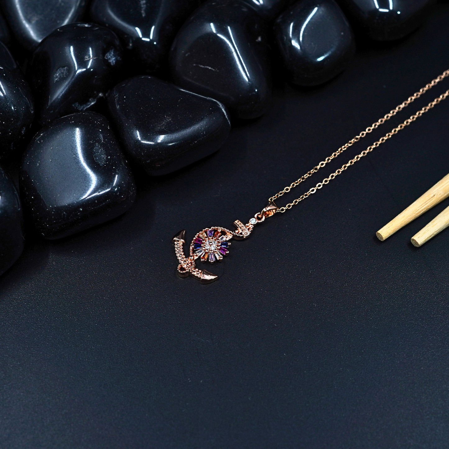 Blooms in Motion: 18K Rose Gold Plated Anti Tarnish Chain Pendant Necklace with Multi Stone Studded Flower Boat Pendant ATCP107