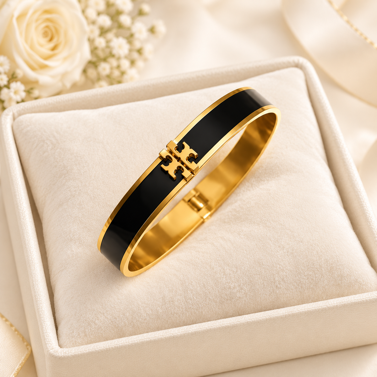 Black Enamel Gold-Tone Stainless Steel Openable Bangle Bracelet for Men and Women