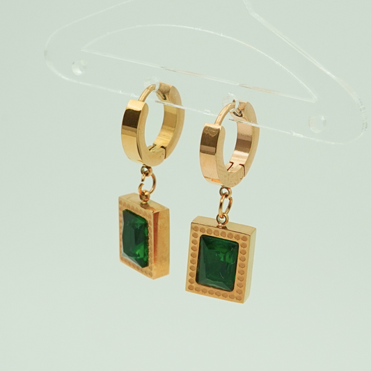 Luxury 18K Rose Gold Plated Drop Earrings with Emerald Green Square Crystal – Elegant Anti-Tarnish Stainless Steel ATEr219