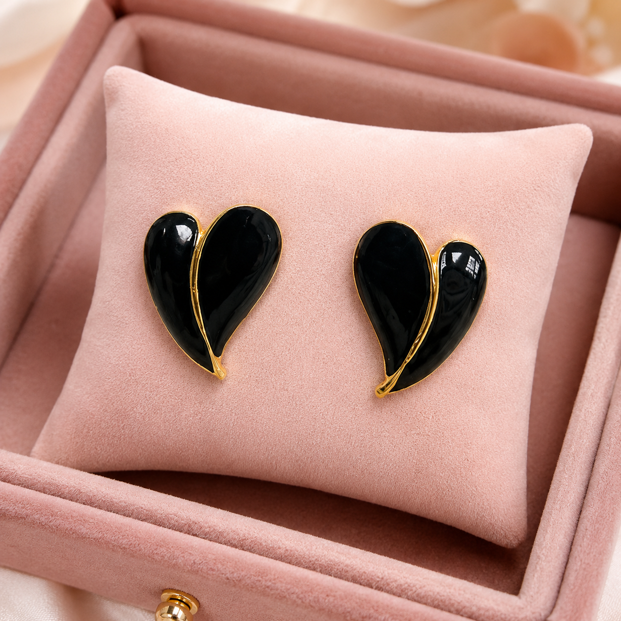 Black Heart Stud Earrings for Women – Gold-Tone Enamel Minimal Demi fine Earrings