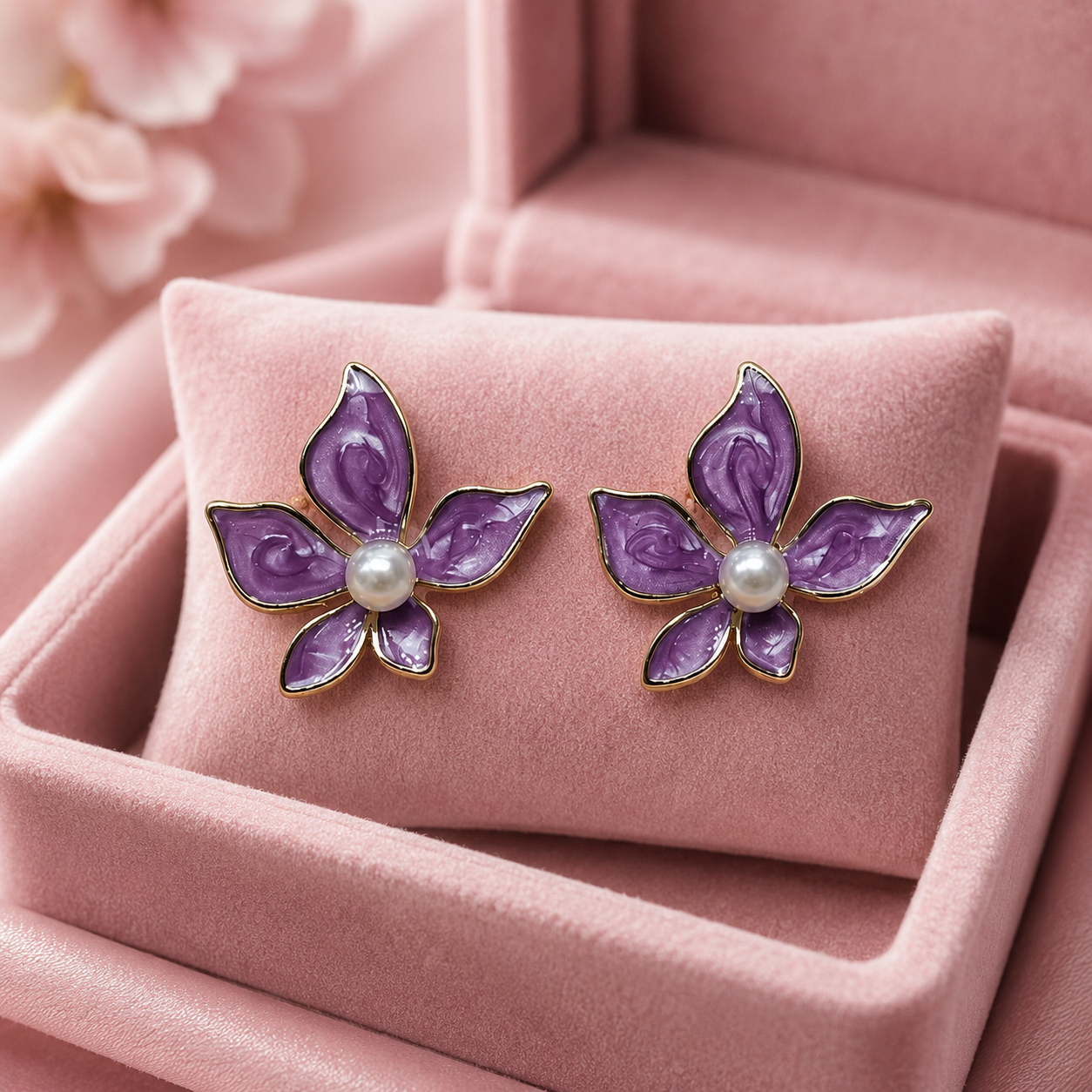 Purple Floral Pearl Stud Earrings for Women – Gold-Tone Enamel Flower Earrings - Soul Jewellery
