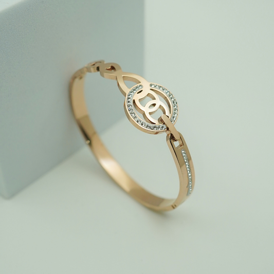 18K Rose Gold-Plated Anti-Tarnish Bangle with Engraved Chanel-Inspired Logo and Sparkling Crystal Halo Accents