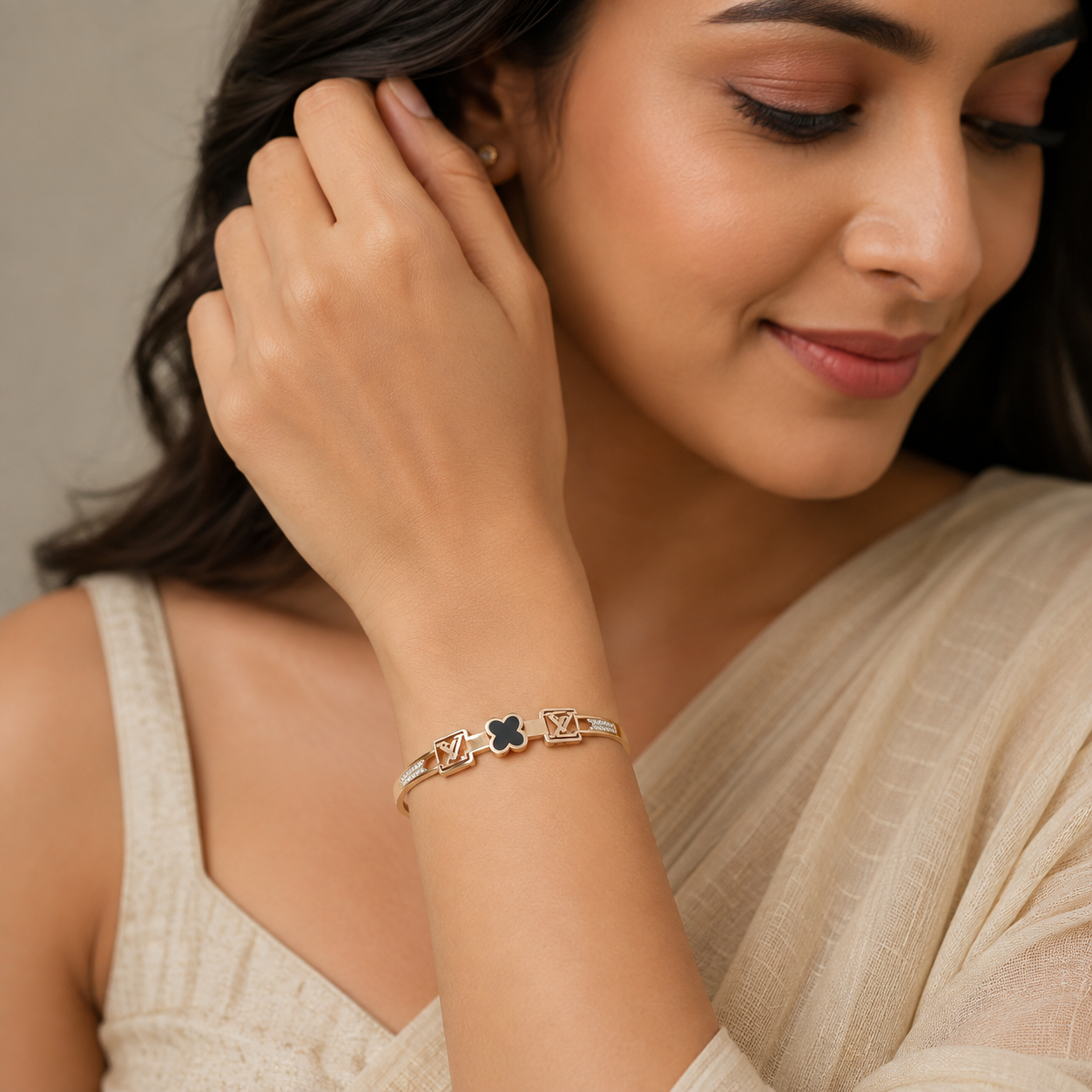 Rose Gold Plated Anti-Tarnish Bangle Clover Design, and Dazzling CZ Accent