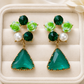 Emerald Green Floral Pearl Triangle Drop Earrings for Women – Gold-Tone Crystal Statement Earrings