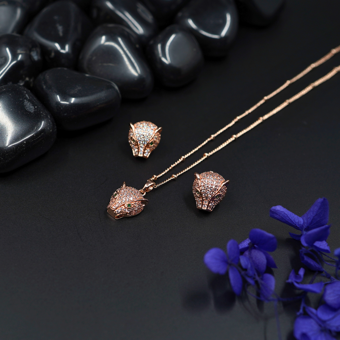 18K Rose Gold Plated Anti-Tarnish Panther Head Pendant Necklace and Earrings Set with Cubic Zirconia ATCP119