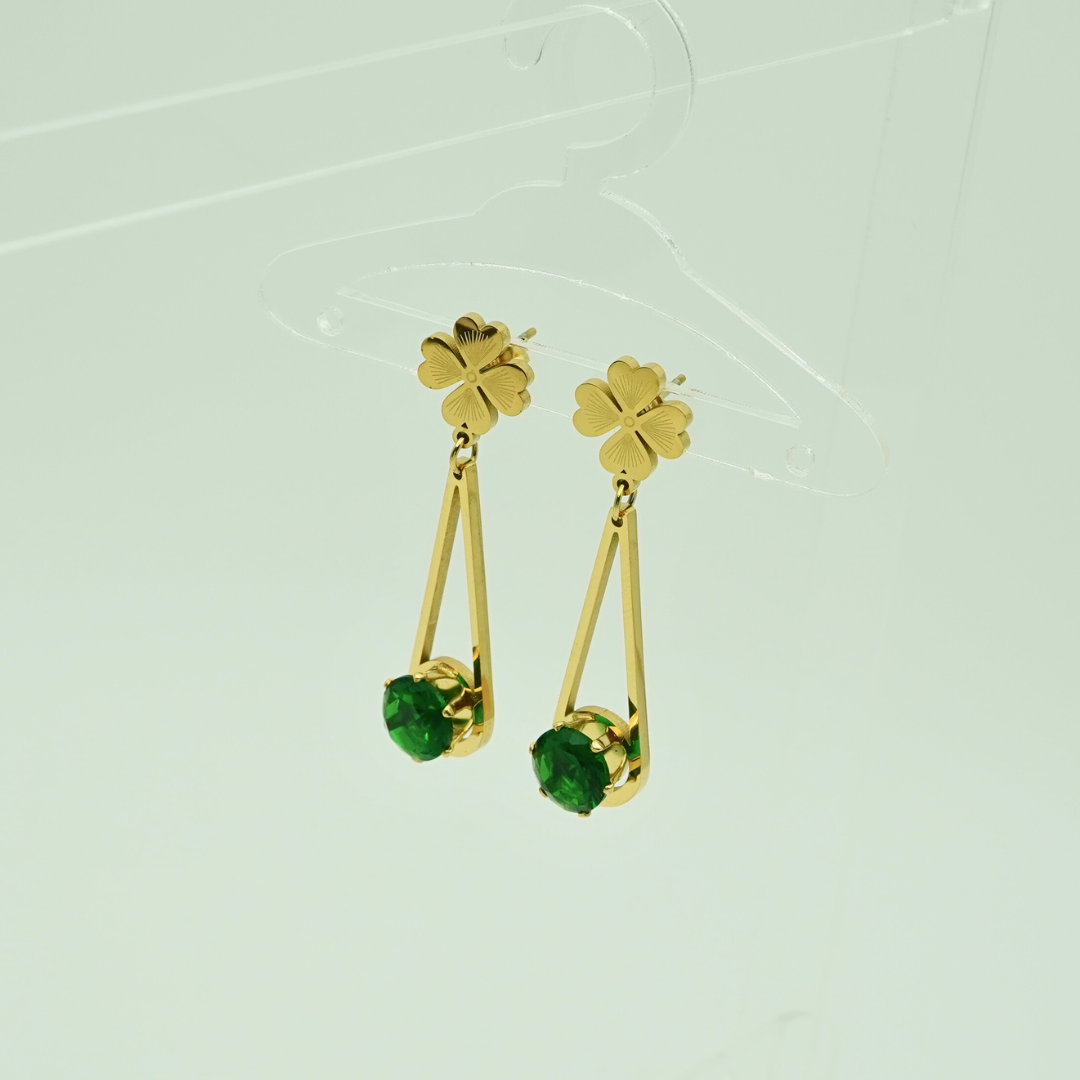 Elegant 18K Gold Plated Anti-Tarnish Clover & Green Crystal Drop Earrings ATER212