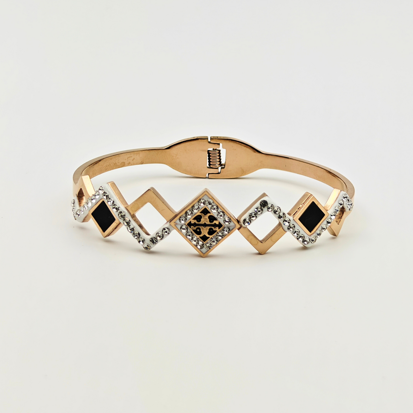 Geometric Glamour: 18K Gold Plated Bangle with Black Onyx and Leopard Print Insets RGB223