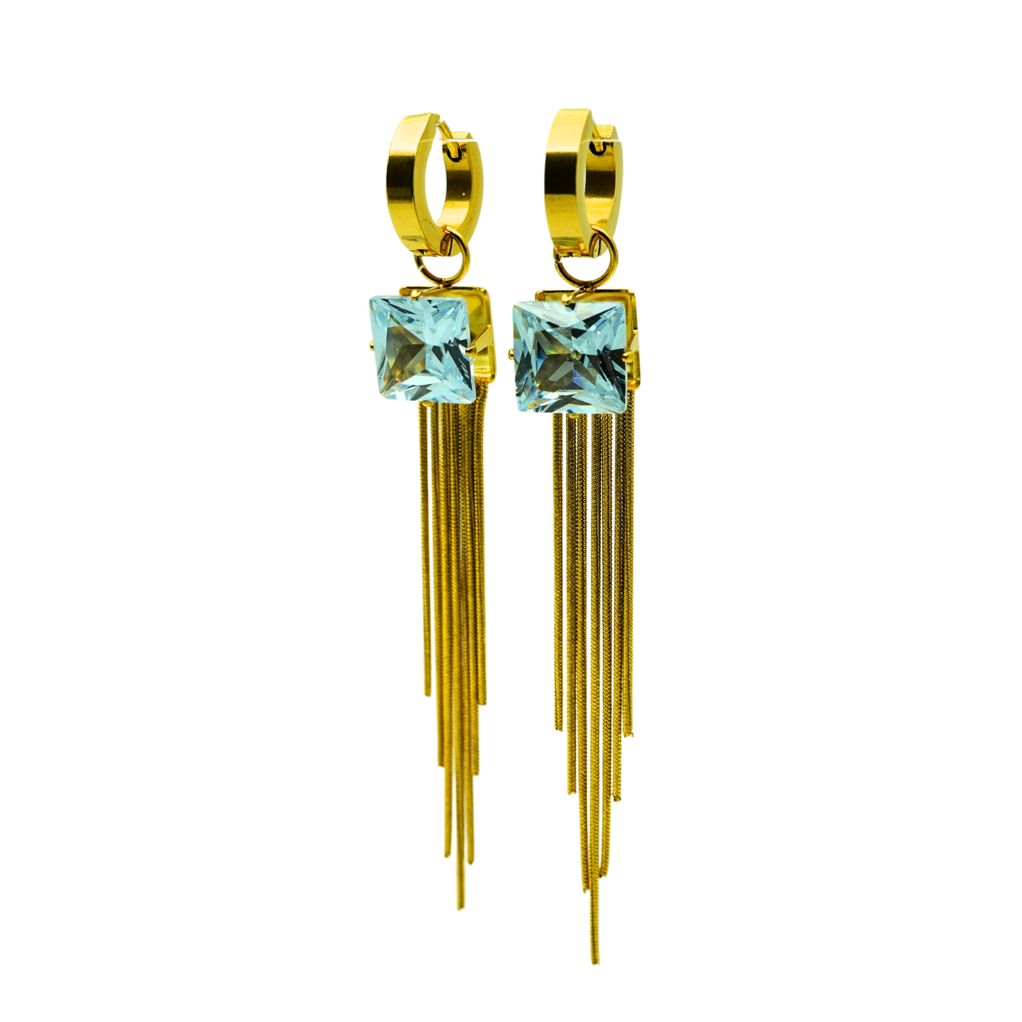 Elegant Tassel Drop Earrings with Aquamarine Square Gem – 18K Gold Plated, Anti-Tarnish Finish ATER302