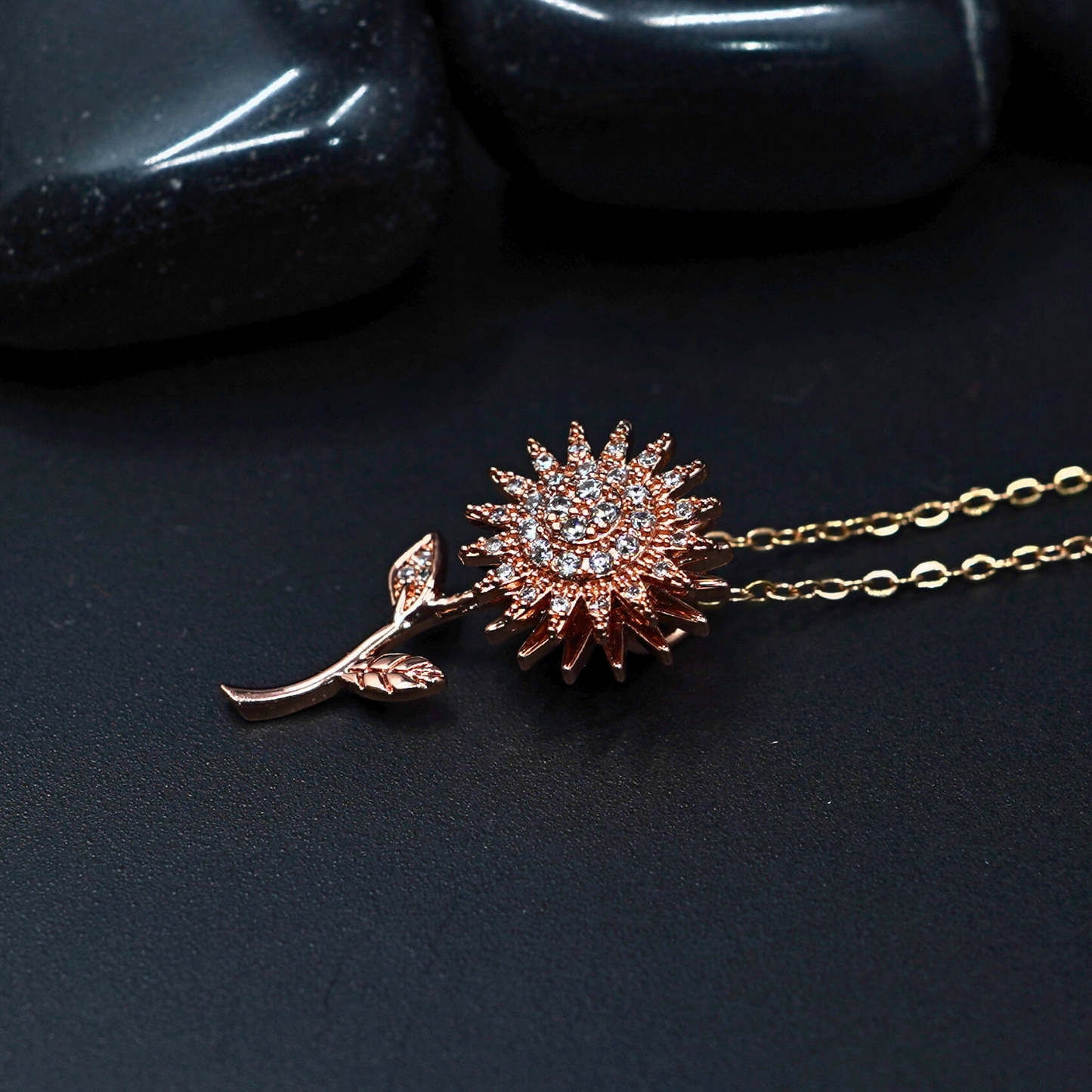 Garden Serenity: 18K Rose Gold Plated Chain Pendant Necklace with Spinner Flower Leaf Pendant  ATCP106