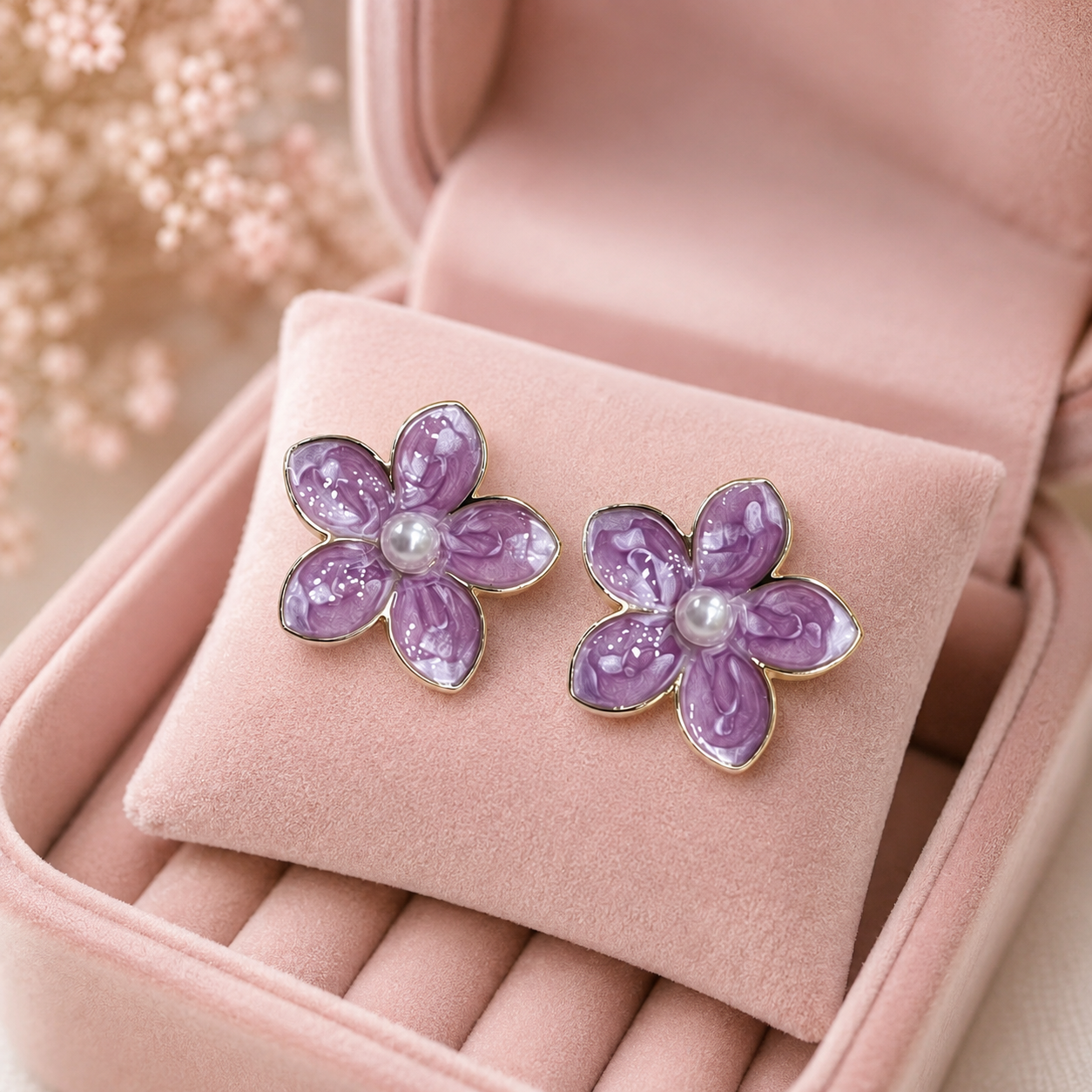 Purple Floral Pearl Stud Earrings for Women – Gold-Tone Enamel Flower Demi Fine Earrings - Soul Jewellery