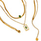 Luxury 18K Gold Plated Anti-Tarnish Layered Necklace with Green Rhinestone & Mother-of-Pearl Charm – Elegant Statement Jewelry ATCP176