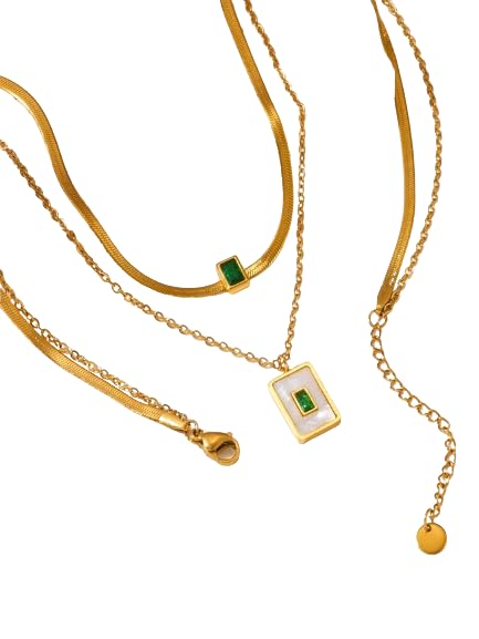 Luxury 18K Gold Plated Anti-Tarnish Layered Necklace with Green Rhinestone & Mother-of-Pearl Charm – Elegant Statement Jewelry ATCP176