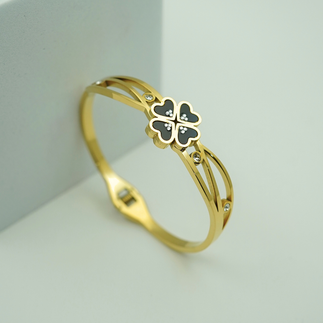 Elegant 18K Gold Plated Anti-Tarnish Clover Bangle with Black Enamel and Crystal Accents RGB370