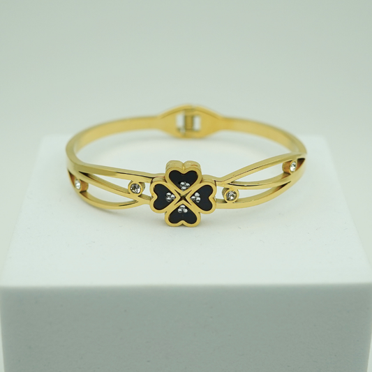 Elegant 18K Gold Plated Anti-Tarnish Clover Bangle with Black Enamel and Crystal Accents RGB370