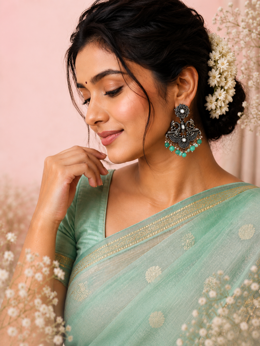 Luxury Oxidised Silver Peacock Chandbali Earrings with Mint Green Beads | Traditional Indian Statement Earrings for Women