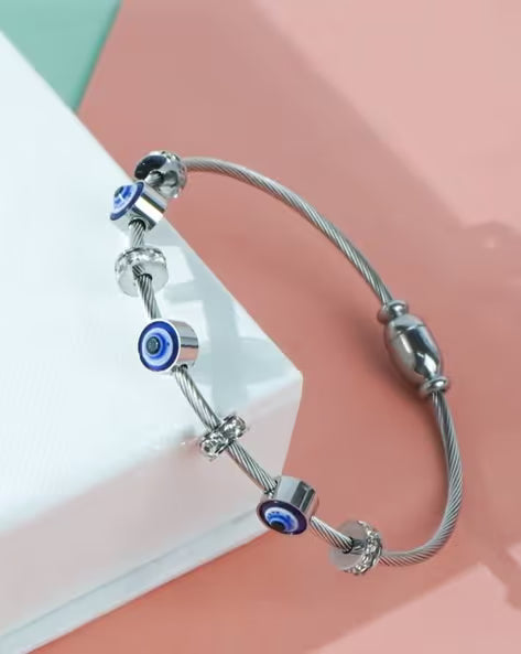 Evil Eye Bracelet for Women – Silver Tone Blue Nazar Charm Cable Bracelet with CZ Spacers - Soul Jewellery