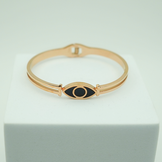 Elegant Rose Gold Anti-Tarnish Evil Eye Bangle with Black Enamel Detailing RGB372