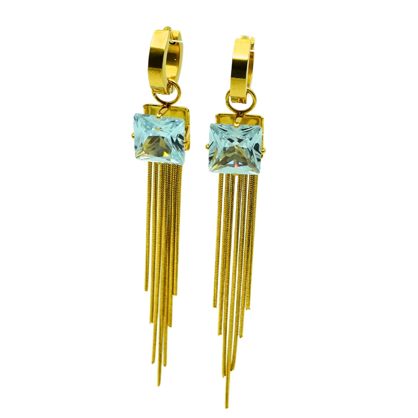 Elegant Tassel Drop Earrings with Aquamarine Square Gem – 18K Gold Plated, Anti-Tarnish Finish ATER302