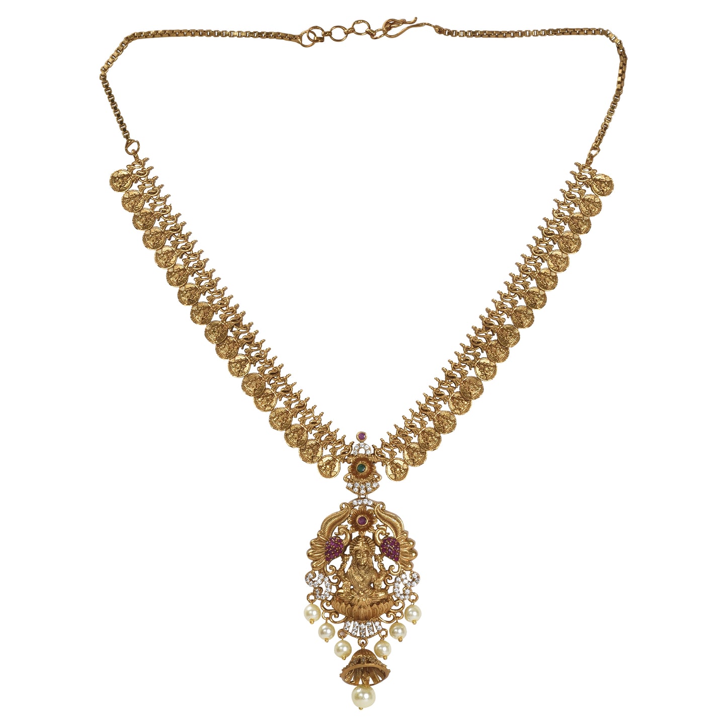 Devika Antique Matte Gold Plated Short Necklace Set with Lakshmi Devi Motif