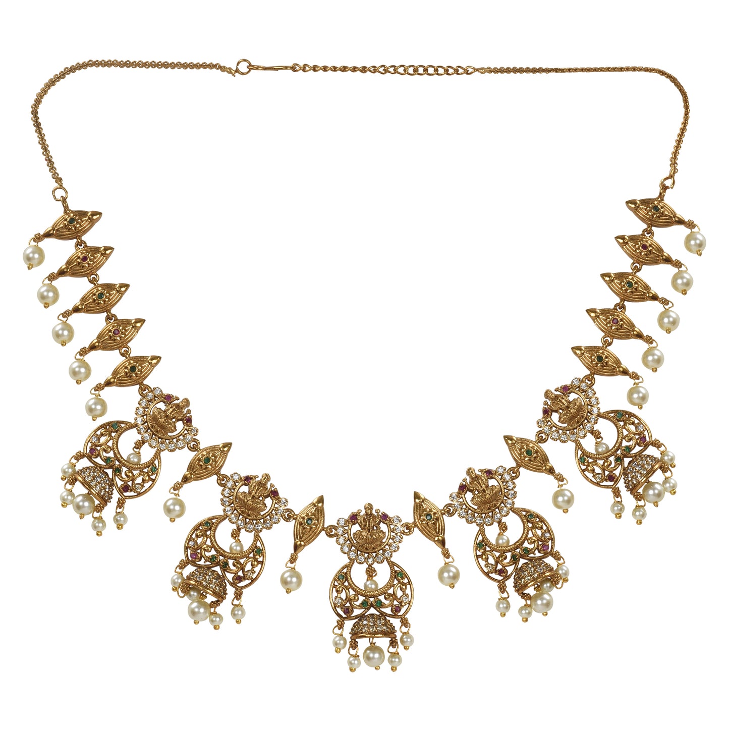 Indu Antique Matte Gold Plated Short Temple Necklace Set with Lakshmi Devi Motif