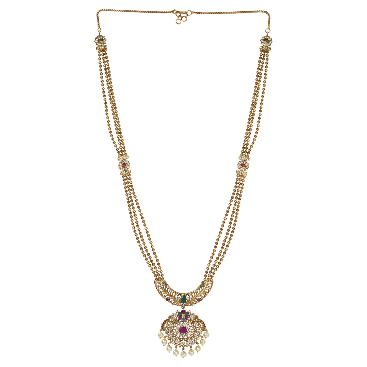 Maitrayee Antique Matte Gold Plated Long Necklace Set with Flower Motif