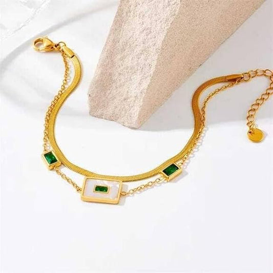 Luxury 18K Gold Plated Anti-Tarnish Double Layer Bracelet with Green Zircon & Shell Charm – Elegant Stainless Steel Jewelry for Women RGB404