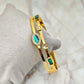18K Yellow Gold Plated Anti-Tarnish Green Crystal Bangle – Elegant Designer Bracelet for Women with Geometric Accents