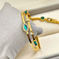 18K Yellow Gold Plated Anti-Tarnish Green Crystal Bangle – Elegant Designer Bracelet for Women with Geometric Accents