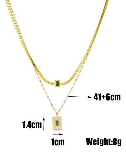 Luxury 18K Gold Plated Anti-Tarnish Layered Necklace with Green Rhinestone & Mother-of-Pearl Charm – Elegant Statement Jewelry ATCP176