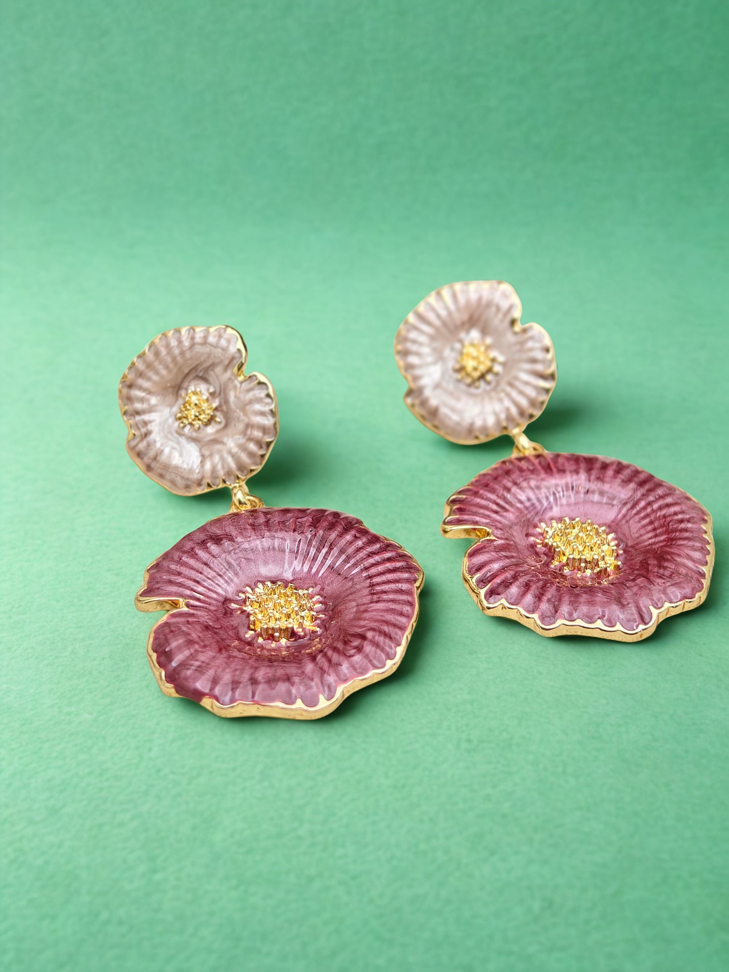 Luxury Anti-Tarnish Enamel Flower Drop Earrings in Gold Finish – Elegant Pink & Pearl Dual-Tone Statement Jewelry for Women