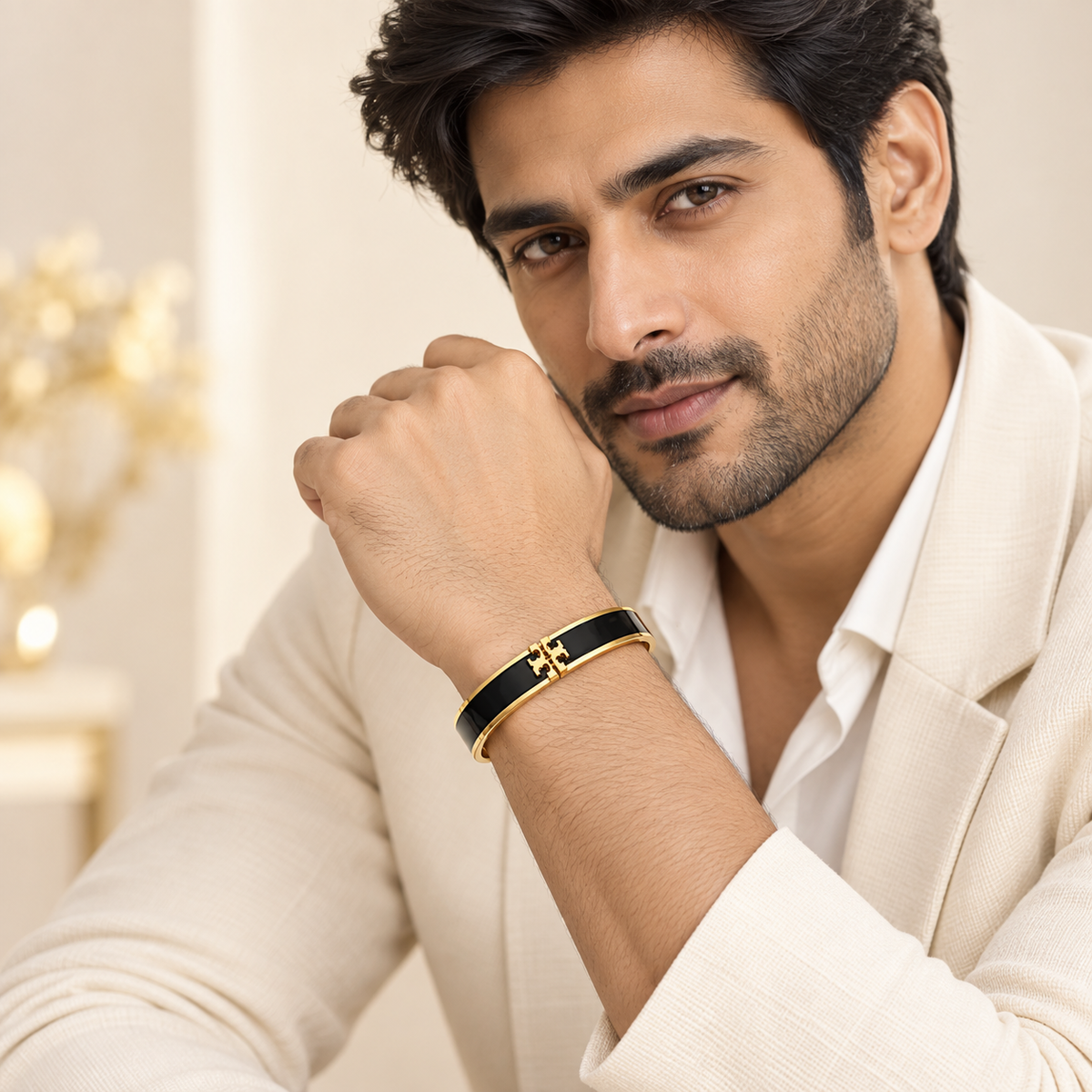 Black Enamel Gold-Tone Stainless Steel Openable Bangle Bracelet for Men and Women