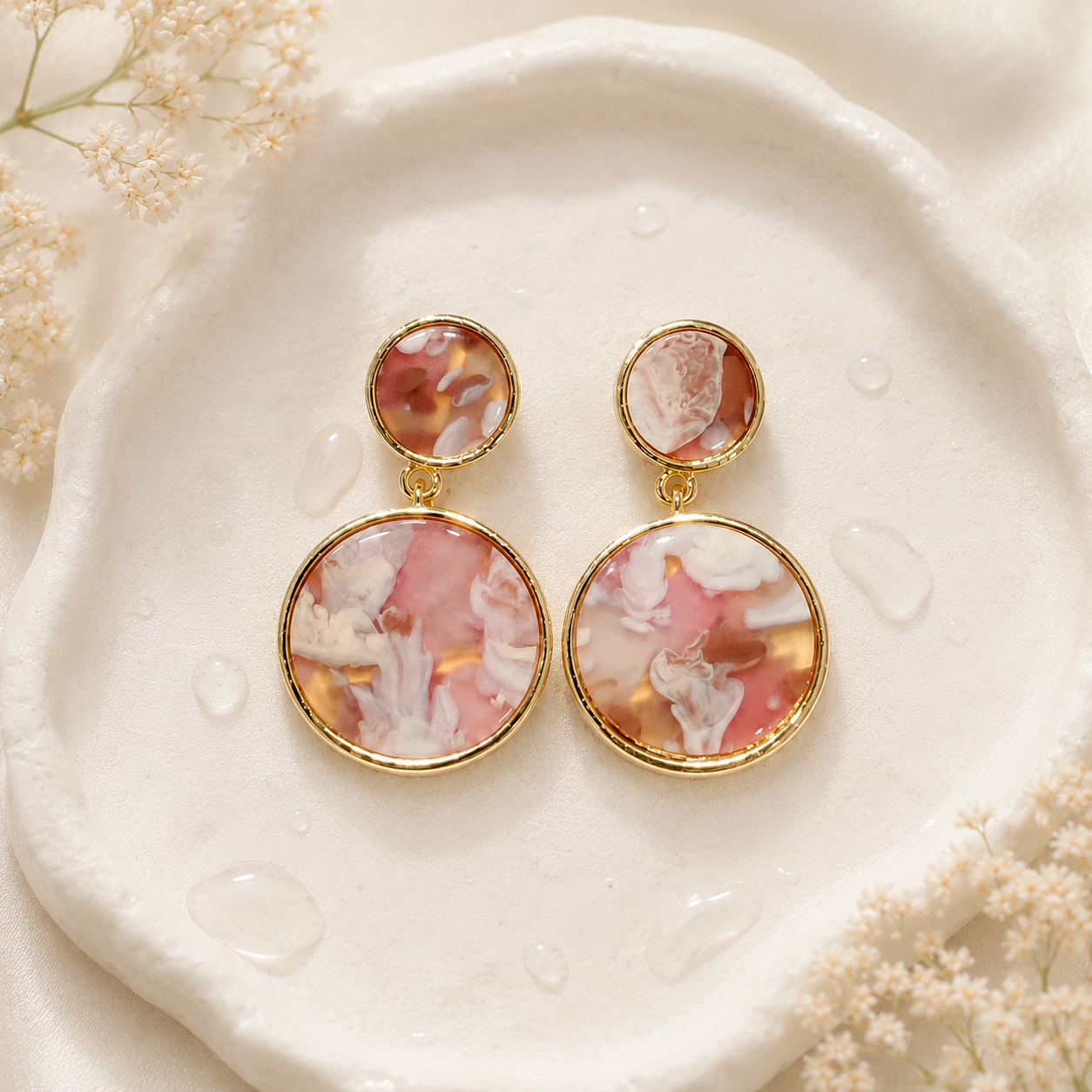 Blush Pink Marble-Effect Round Drop Earrings for Women – Gold-Tone Double Circle Dangle Earrings - Soul Jewellery