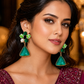 Emerald Green Floral Pearl Triangle Drop Earrings for Women – Gold-Tone Crystal Statement Earrings