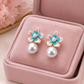 Multicolour Floral Pearl Drop Earrings for Women – Pink & Turquoise Gold-Tone Flower Statement Earrings - Soul Jewellery