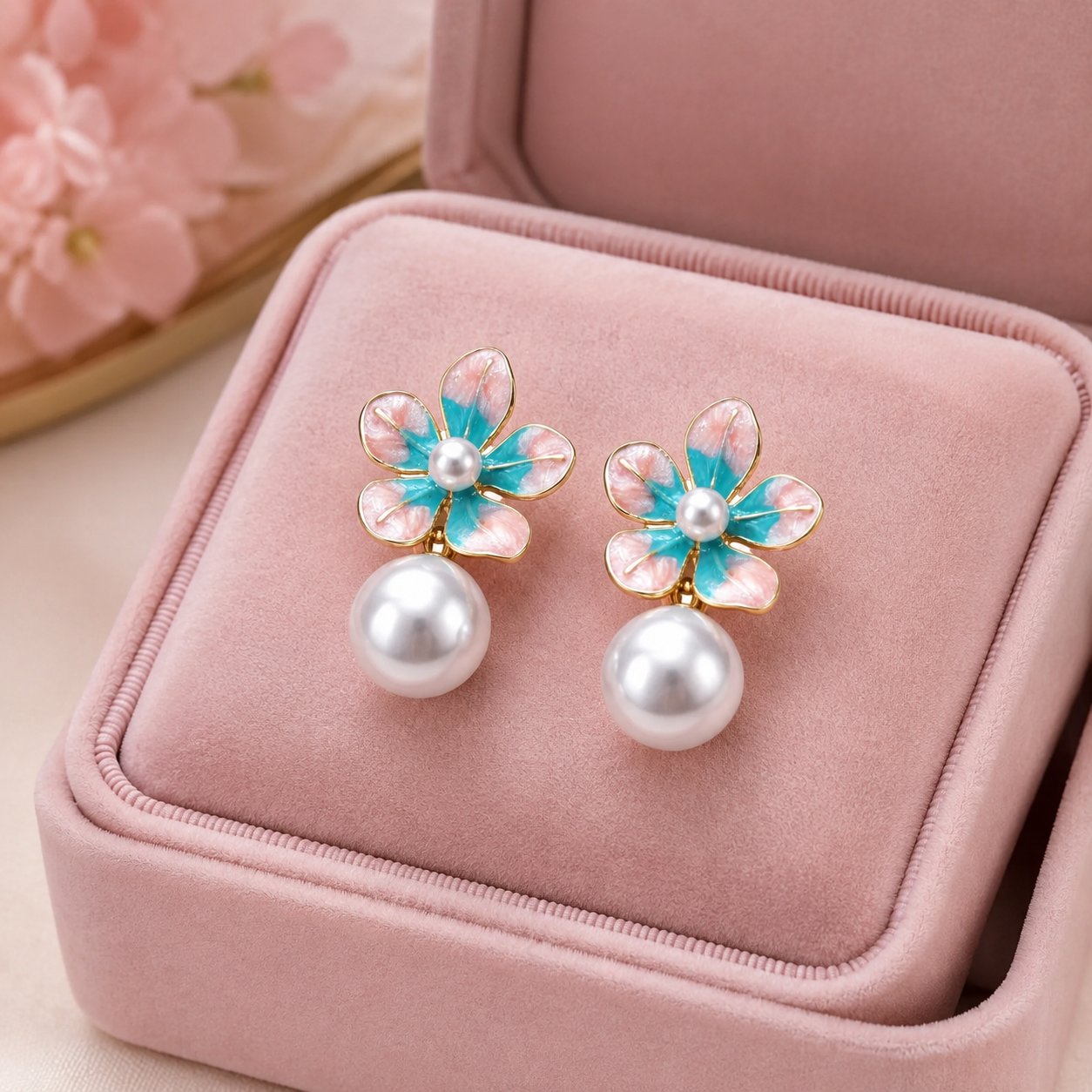 Multicolour Floral Pearl Drop Earrings for Women – Pink & Turquoise Gold-Tone Flower Statement Earrings - Soul Jewellery