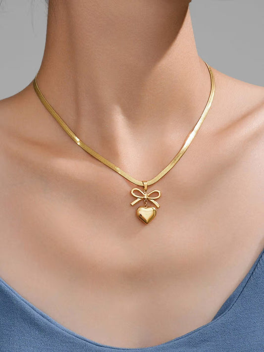 18K Gold Plated Bow-Heart Necklace & Earring Set for Women – Anti-Tarnish Romantic Jewelry Gift Set ATCP179