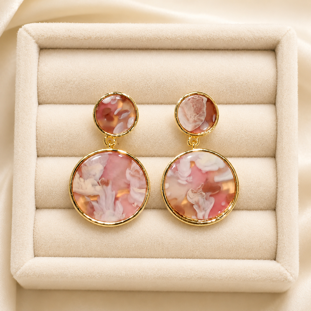 Blush Pink Marble-Effect Round Drop Earrings for Women – Gold-Tone Double Circle Dangle Earrings - Soul Jewellery