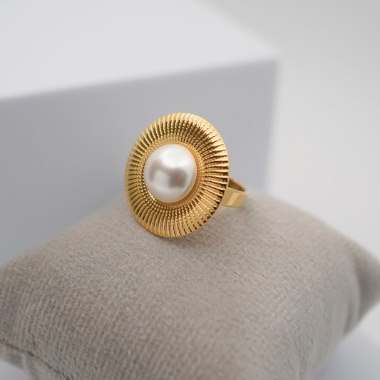 Adjustable Anti-Tarnish 18K Yellow Gold Plated Mia Ring with Pearl Accent – Elegant and Timeless Design