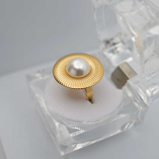 Adjustable Anti-Tarnish 18K Yellow Gold Plated Mia Ring with Pearl Accent – Elegant and Timeless Design