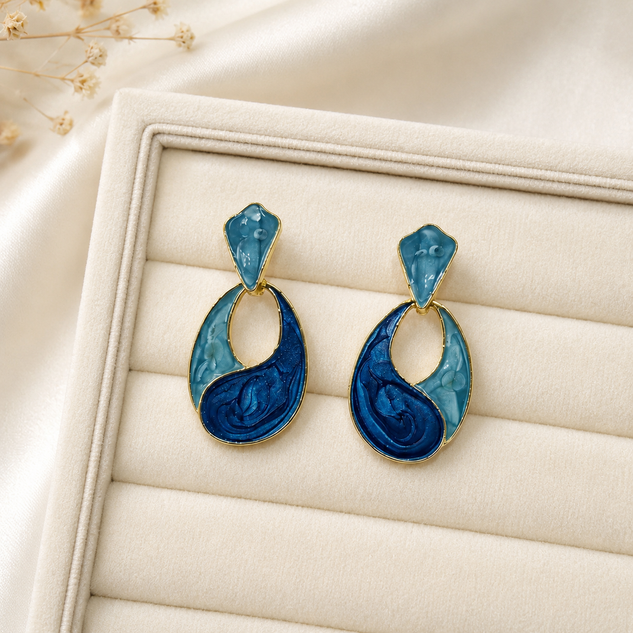 Ocean Blue Swirl Drop Earrings for Women – Gold-Tone Abstract Teardrop Statement Earrings