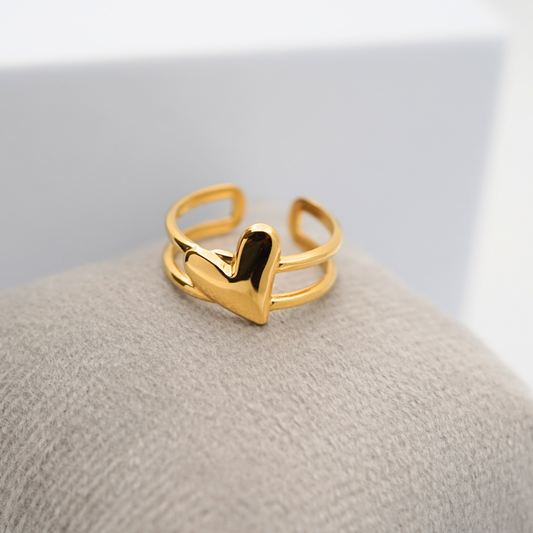 Adjustable Anti-Tarnish 18K Yellow Gold Plated Susana Ring with Heart Design – Elegant and Romantic