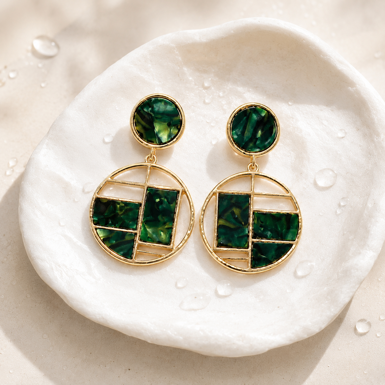 Emerald Green Marble Geometric Drop Earrings – Gold-Tone Statement Dangle Earrings for Women - Soul Jewellery
