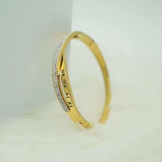 Luxury 18K Gold Plated Anti-Tarnish Roman Numeral Bangle with Pave Crystal Accents RGB368