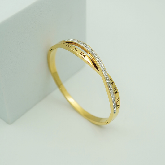 Luxury 18K Gold Plated Anti-Tarnish Roman Numeral Bangle with Pave Crystal Accents RGB368