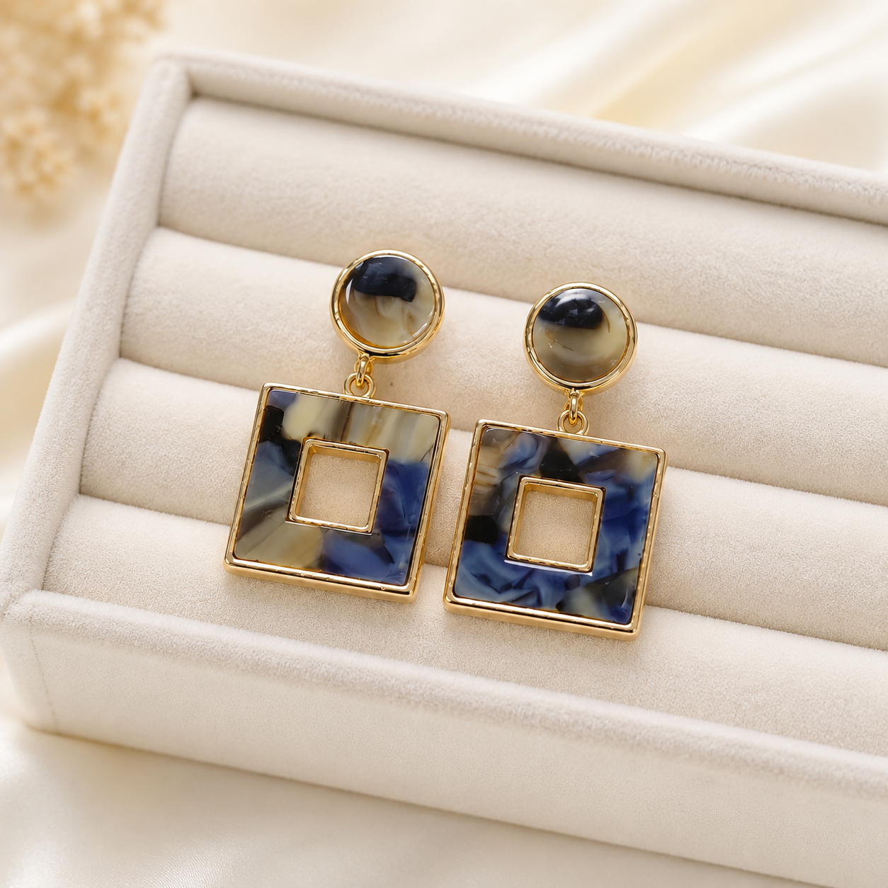 Blue Marble Geometric Square Drop Earrings for Women – Gold-Tone Statement Dangle Earrings